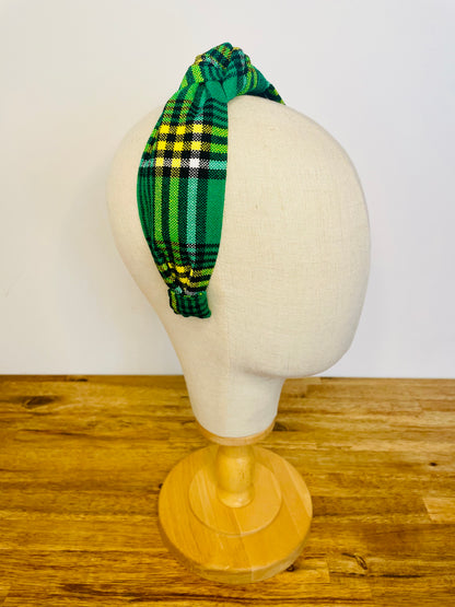 Serre-tête à nœud en laine écossaise verte et jaune