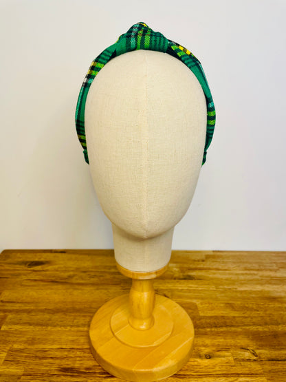 Serre-tête à nœud en laine écossaise verte et jaune