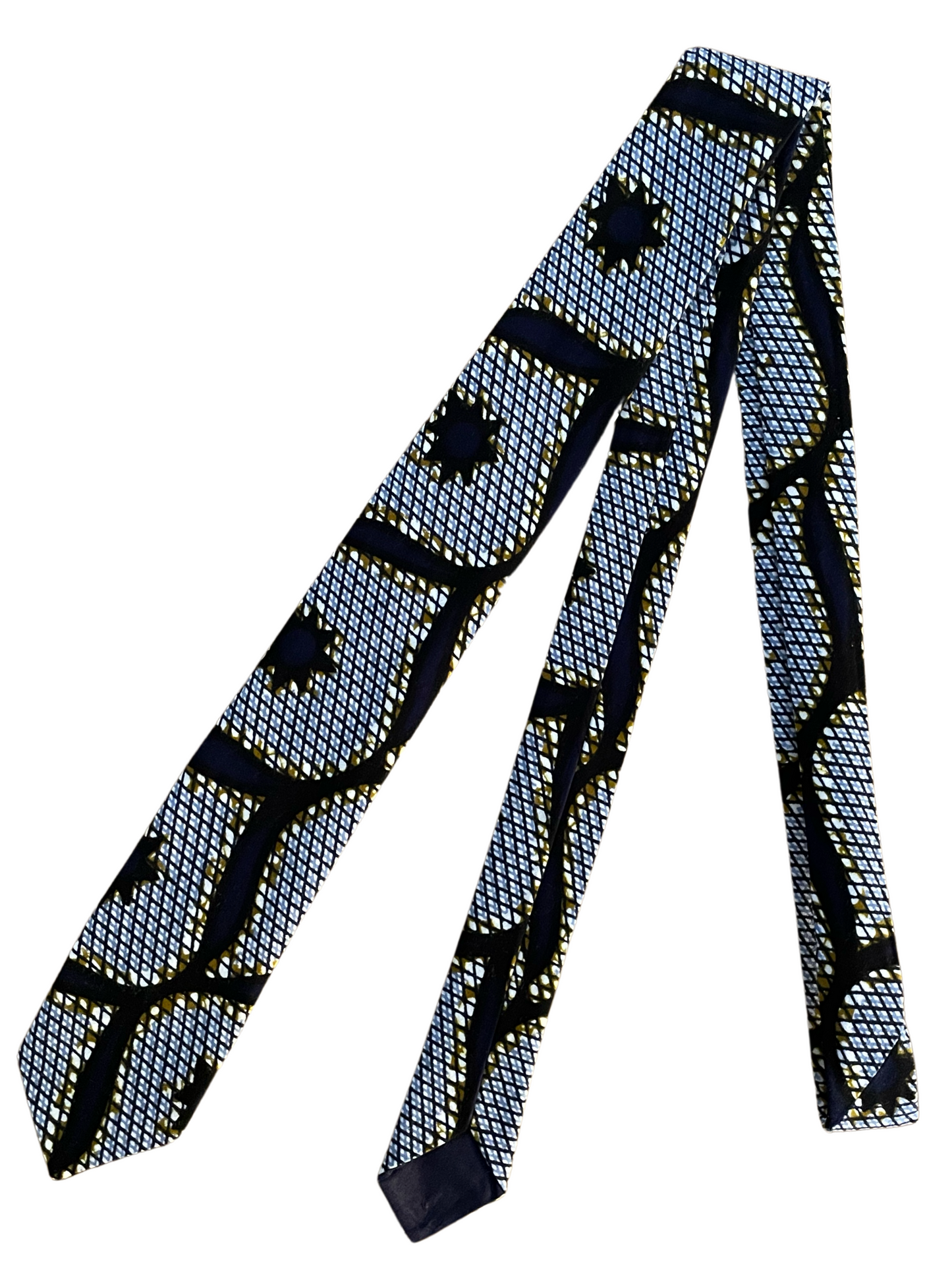 Cravate en wax motifs “Congrès” bleus et jaunes
