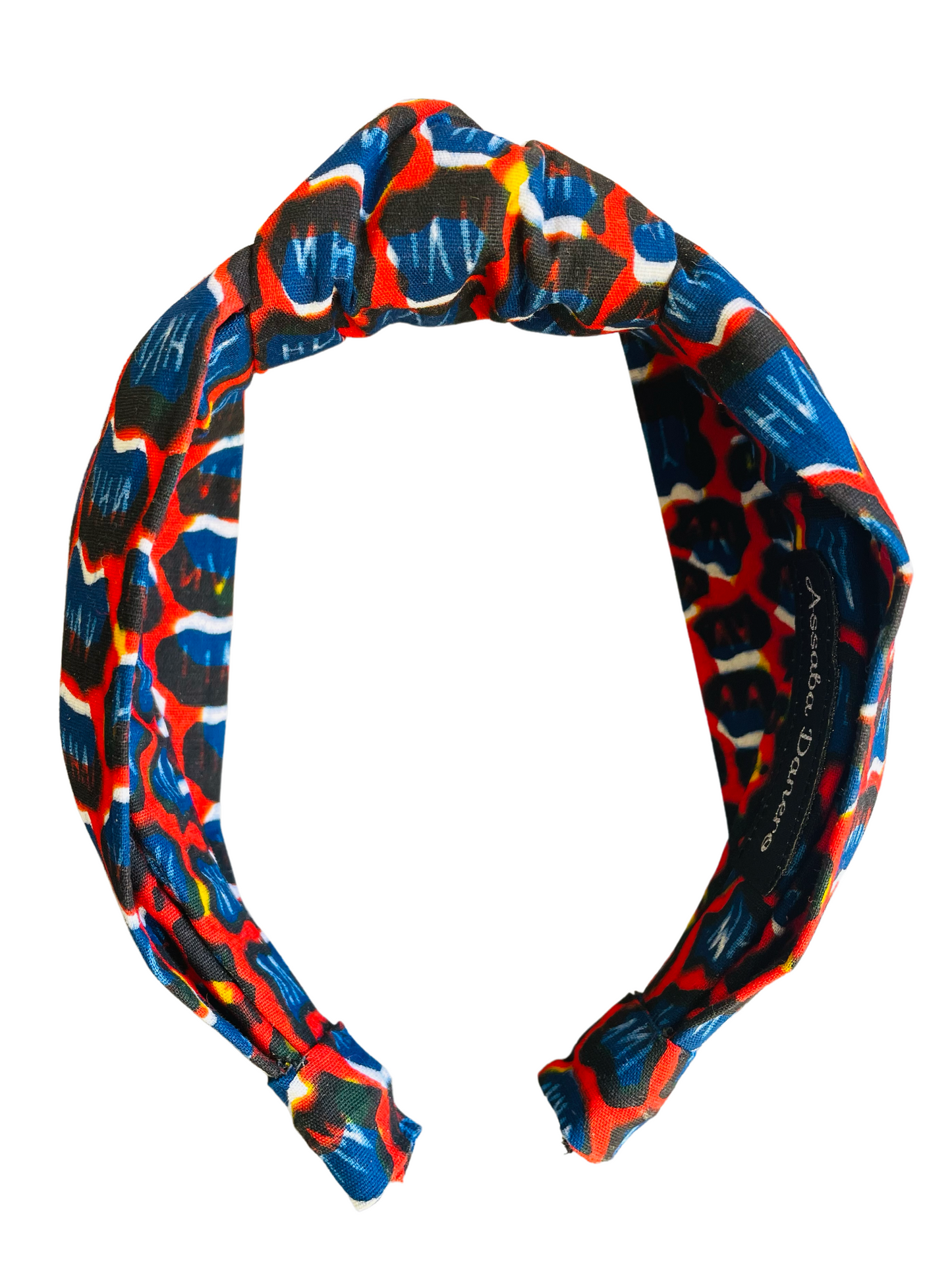 Serre-tête à nœud en wax « léopard» bleu et rouge